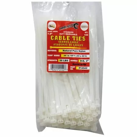 Tool City 7.9 in. L White Nylon 50 lbs. Tensile Releasable Cable Tie 100 Pack